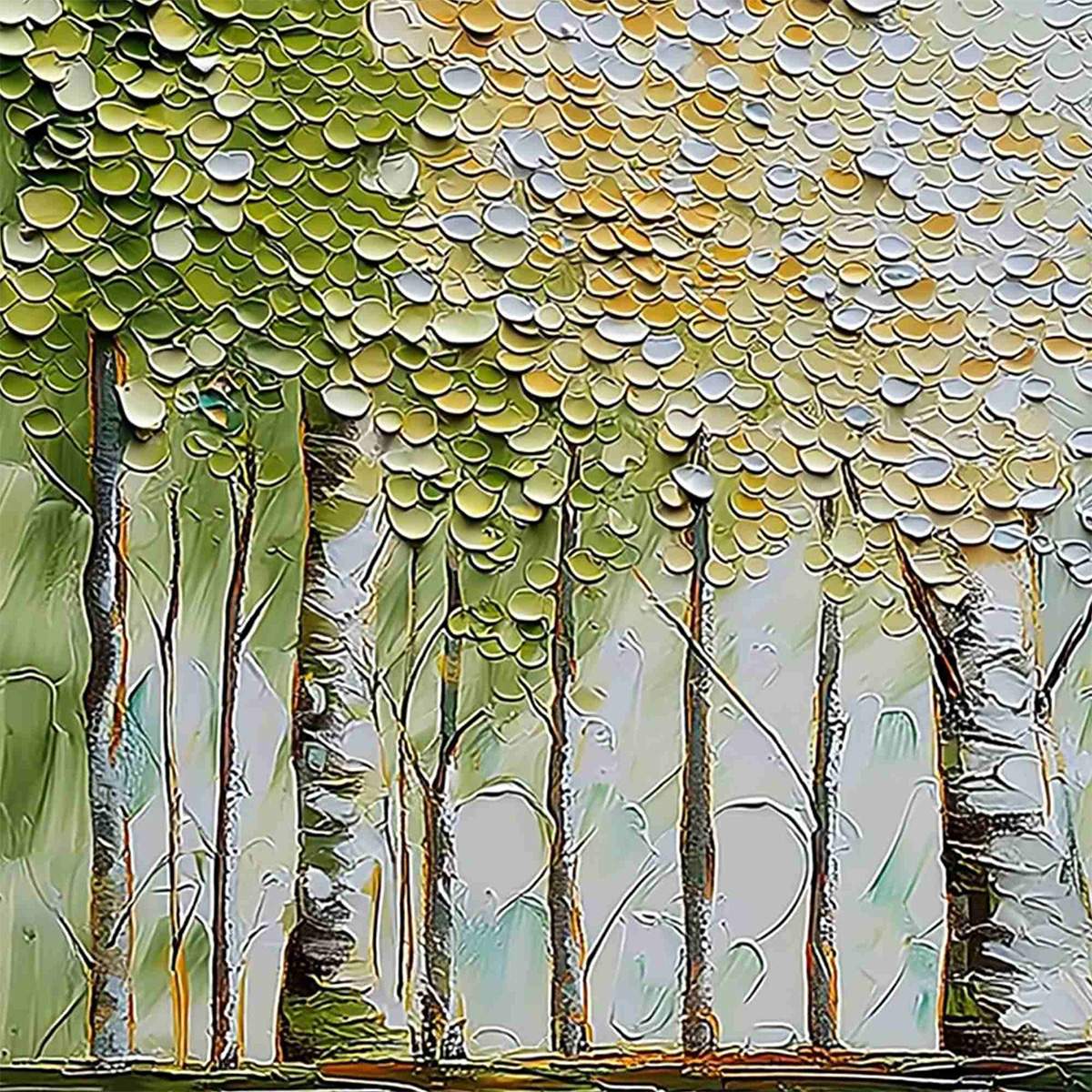 Whispering Grove hand-painted forest green, soft grey and warm earth tones textured forest landscape painting shown with gold frame