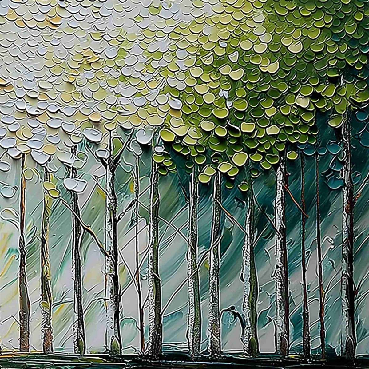 Whispering Grove hand-painted forest green, soft grey and warm earth tones textured forest landscape painting shown with white frame