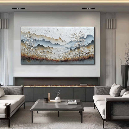 Whispering Meadow hand-painted white, beige and soft grey textured mountain meadow painting shown as stretched canvas