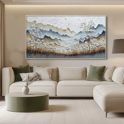 Whispering Meadow hand-painted white, beige and soft grey textured mountain meadow painting shown with silver frame