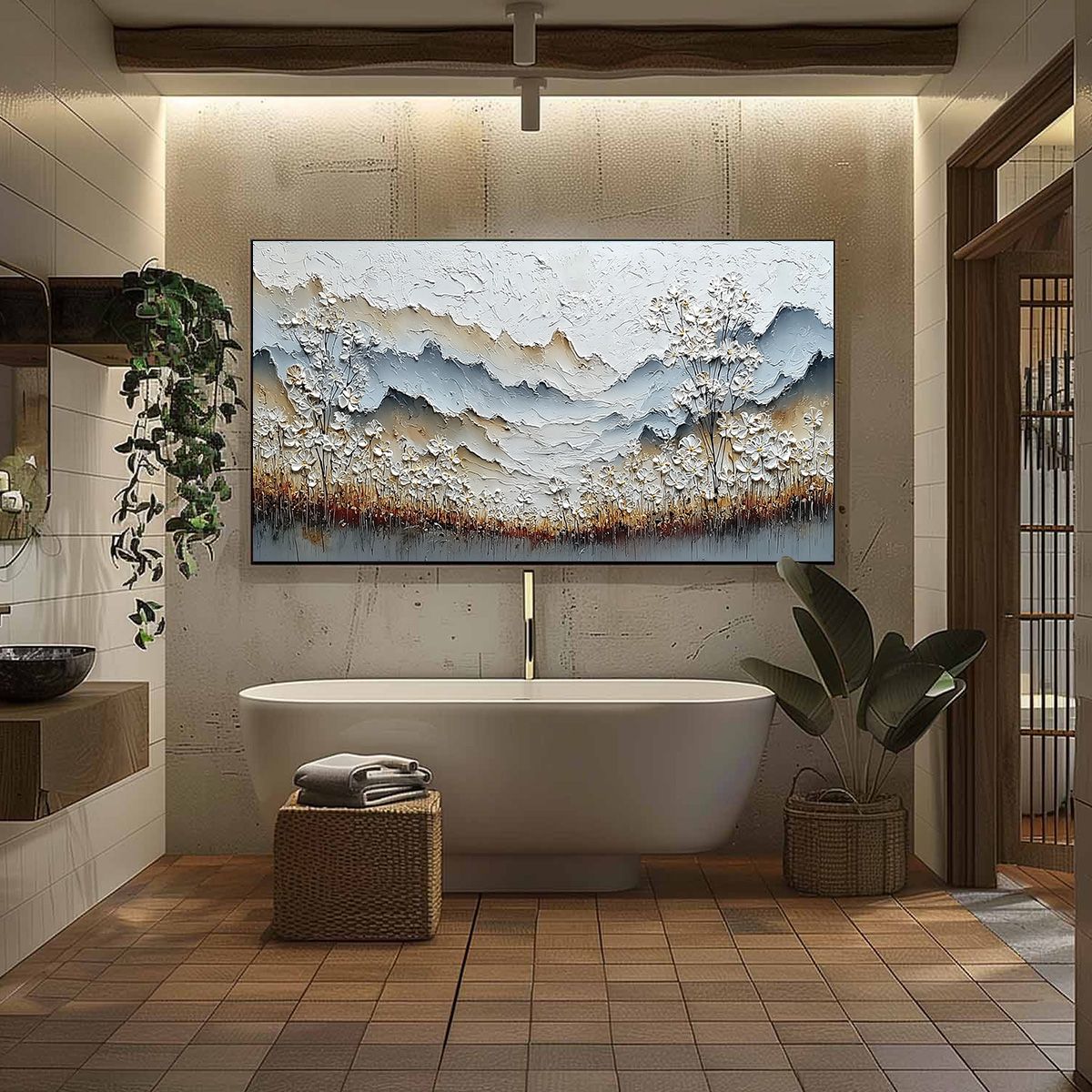 Whispering Meadow hand-painted white, beige and soft grey textured mountain meadow painting shown with black frame