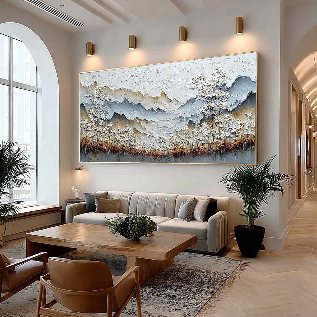 Whispering Meadow hand-painted white, beige and soft grey textured mountain meadow painting shown with wood frame