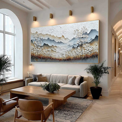 Whispering Meadow hand-painted white, beige and soft grey textured mountain meadow painting shown with wood frame