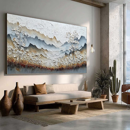 Whispering Meadow hand-painted white, beige and soft grey textured mountain meadow painting rolled canvas option
