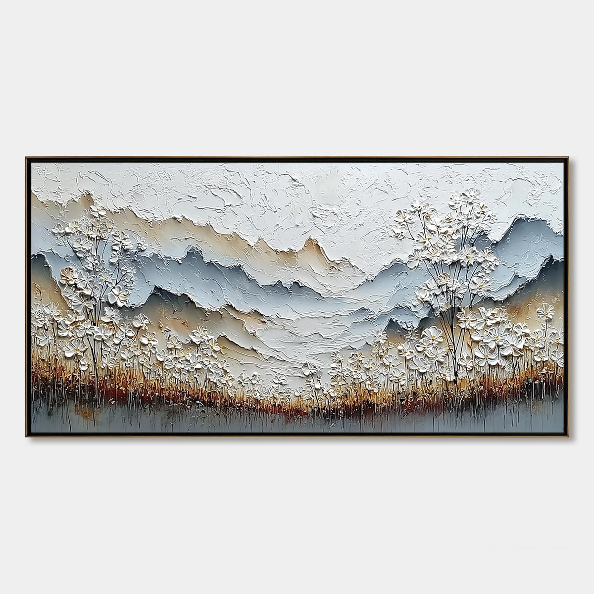 Whispering Meadow hand-painted white, beige and soft grey textured mountain meadow painting rolled canvas option