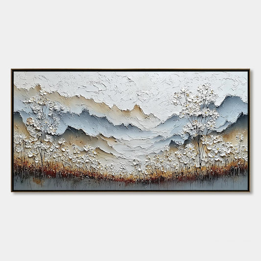 Whispering Meadow hand-painted white, beige and soft grey textured mountain meadow painting rolled canvas option