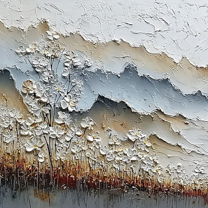 Whispering Meadow hand-painted white, beige and soft grey textured mountain meadow painting shown with gold frame