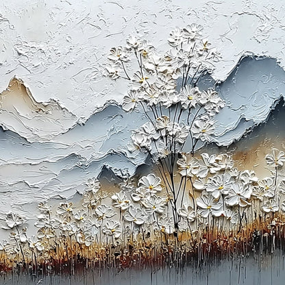 Whispering Meadow hand-painted white, beige and soft grey textured mountain meadow painting shown with white frame