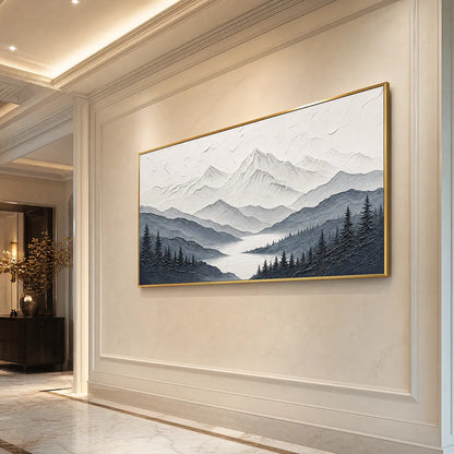 Whispering Peaks hand-painted slate blue, ivory and soft grey textured mountain lake painting shown with white frame