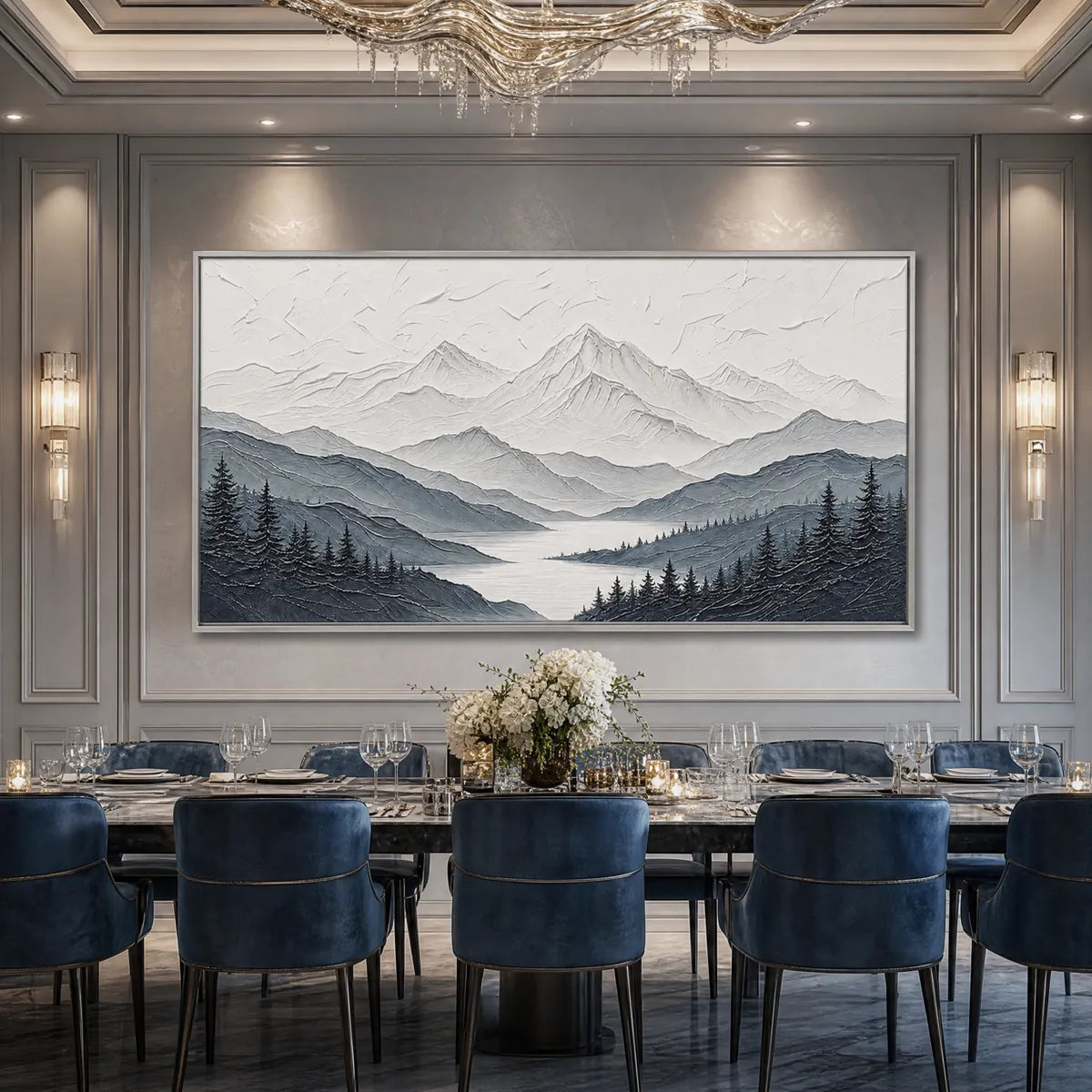 Whispering Peaks hand-painted slate blue, ivory and soft grey textured mountain lake painting shown as stretched canvas