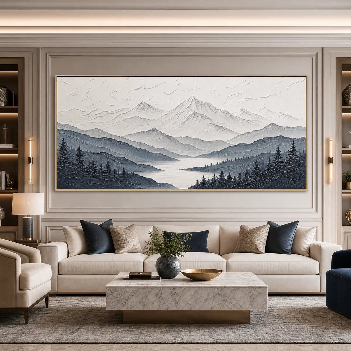 Whispering Peaks hand-painted slate blue, ivory and soft grey textured mountain lake painting shown with silver frame