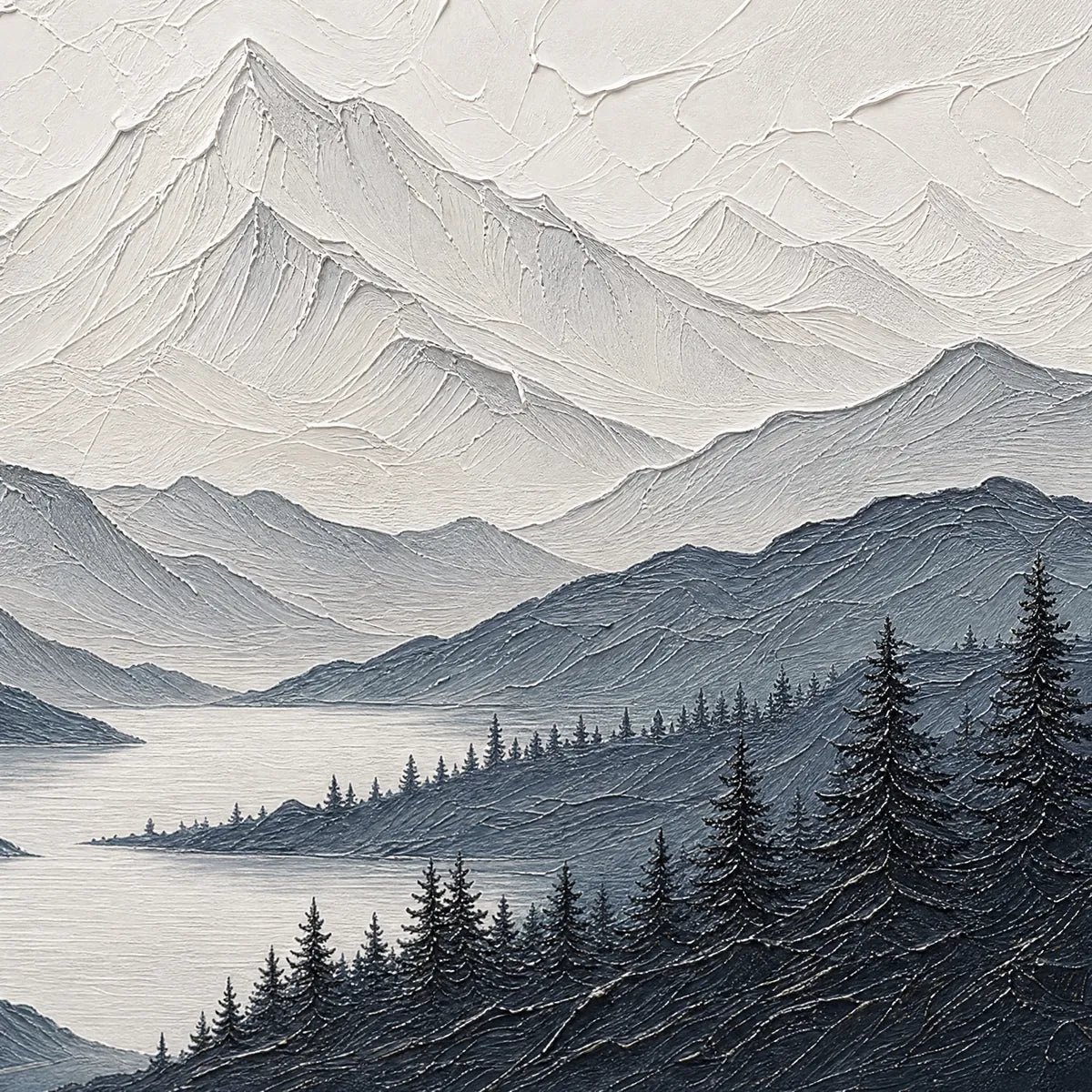 Whispering Peaks hand-painted slate blue, ivory and soft grey textured mountain lake painting shown with gold frame