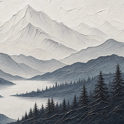 Whispering Peaks hand-painted slate blue, ivory and soft grey textured mountain lake painting shown with gold frame