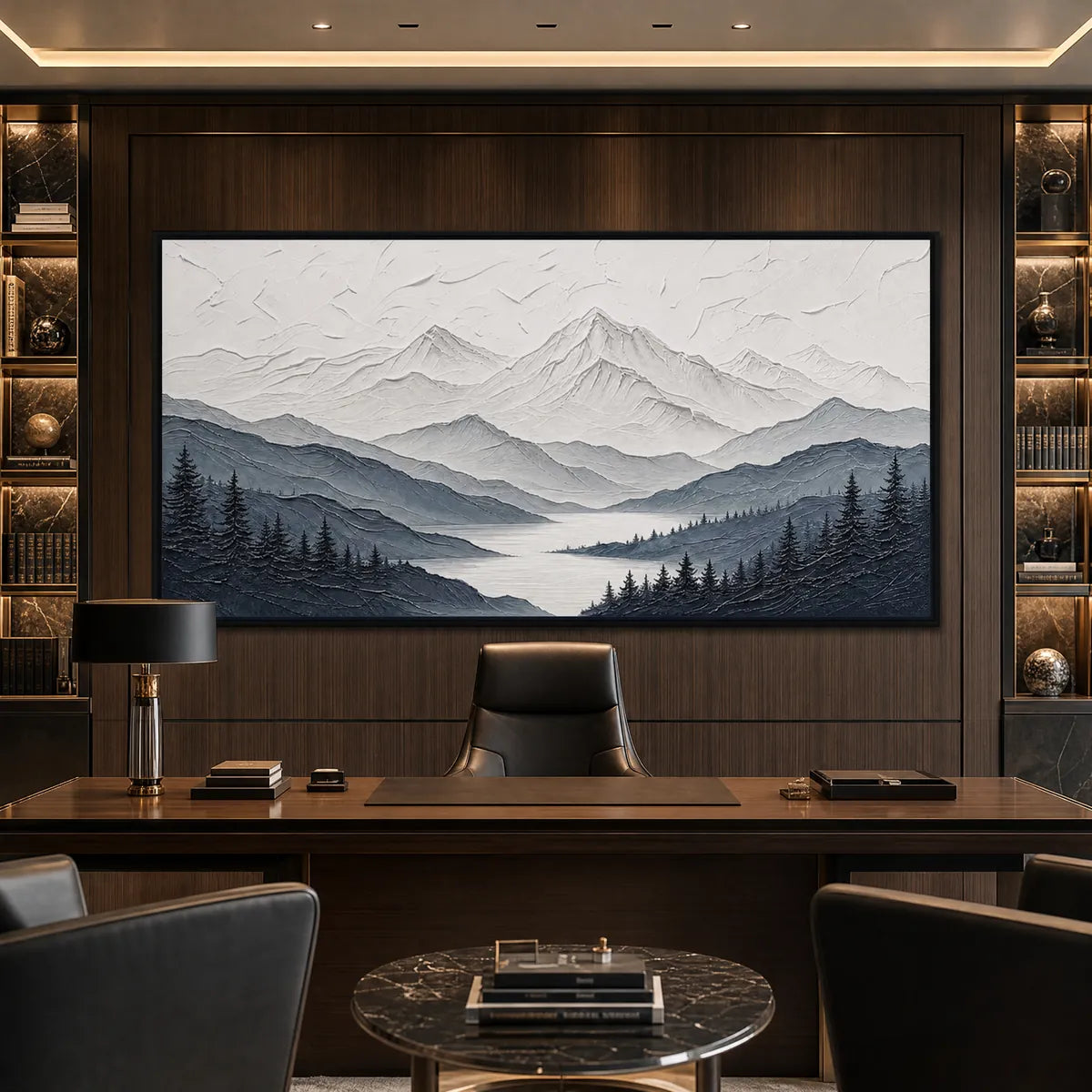 Whispering Peaks hand-painted slate blue, ivory and soft grey textured mountain lake painting shown with black frame