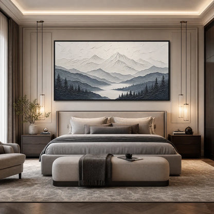 Whispering Peaks hand-painted slate blue, ivory and soft grey textured mountain lake painting shown with wood frame
