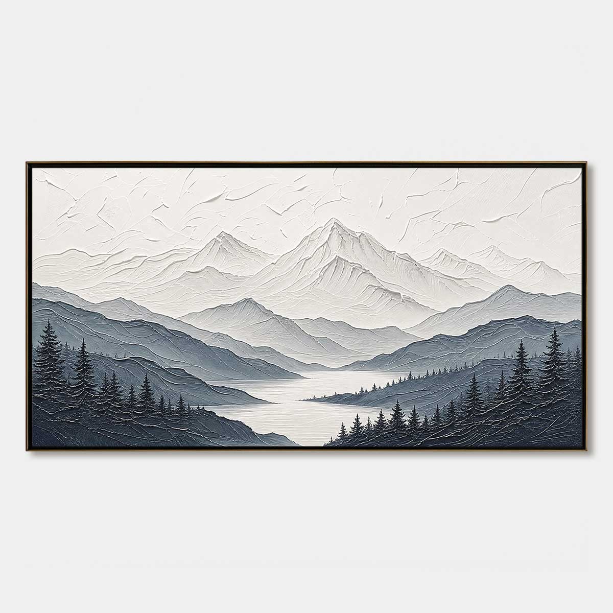 Whispering Peaks hand-painted slate blue, ivory and soft grey textured mountain lake painting rolled canvas option