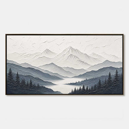Whispering Peaks hand-painted slate blue, ivory and soft grey textured mountain lake painting rolled canvas option