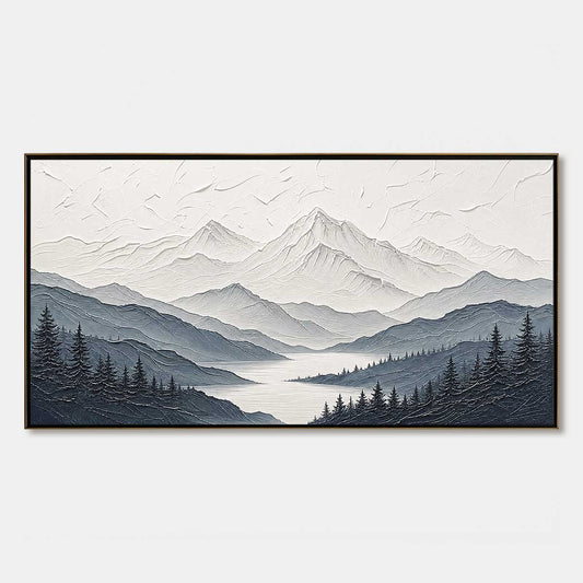 Whispering Peaks hand-painted slate blue, ivory and soft grey textured mountain lake painting rolled canvas option