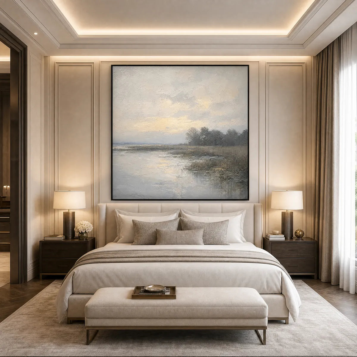 Whispering Reeds hand-painted beige and soft grey textured coastal landscape painting shown with wood frame