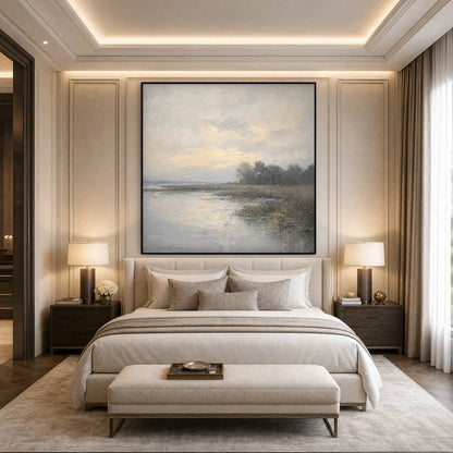Whispering Reeds hand-painted beige and soft grey textured coastal landscape painting shown with wood frame