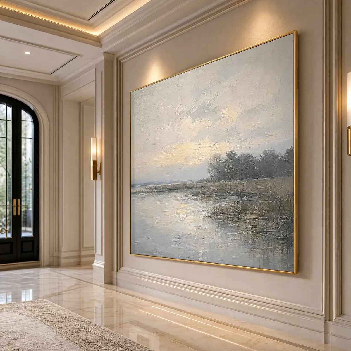 Whispering Reeds hand-painted beige and soft grey textured coastal landscape painting shown with silver frame