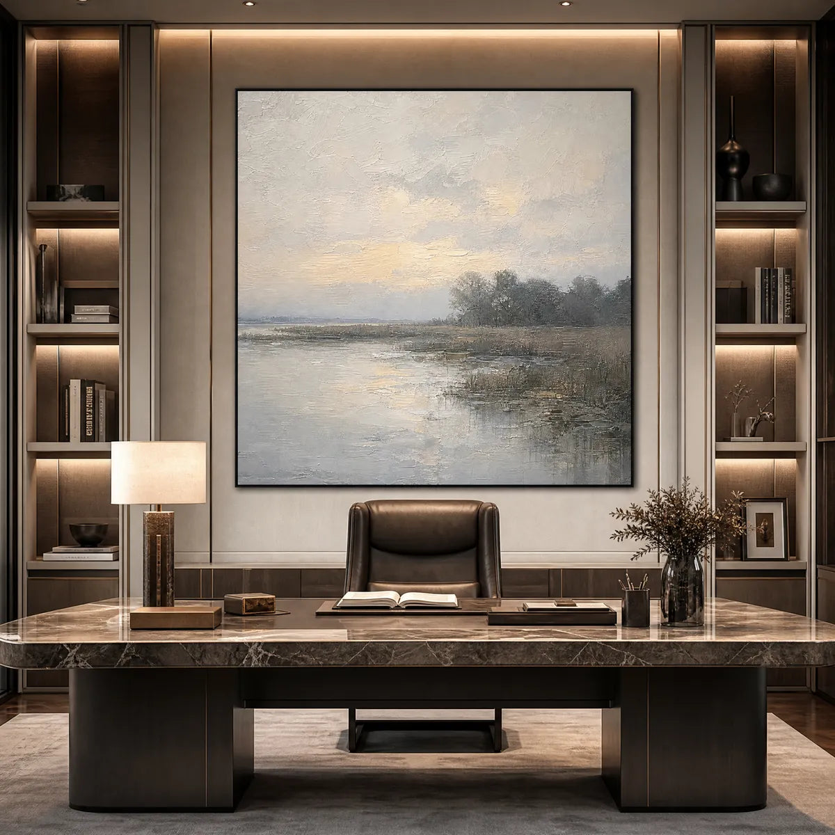 Whispering Reeds hand-painted beige and soft grey textured coastal landscape painting shown with white frame