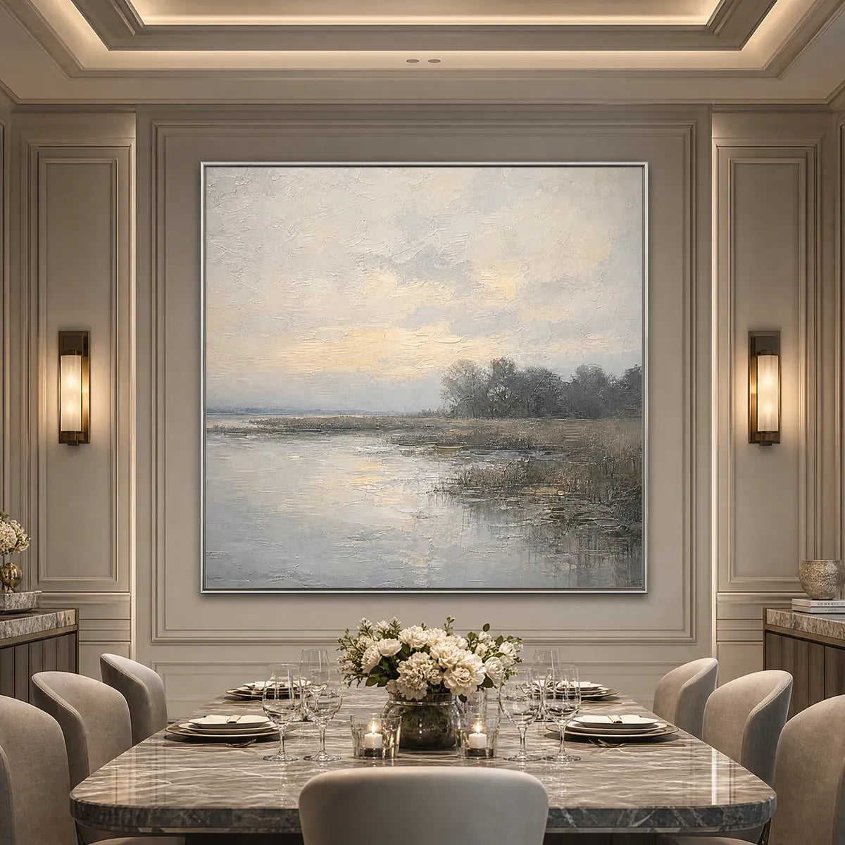 Whispering Reeds hand-painted beige and soft grey textured coastal landscape painting shown with black frame