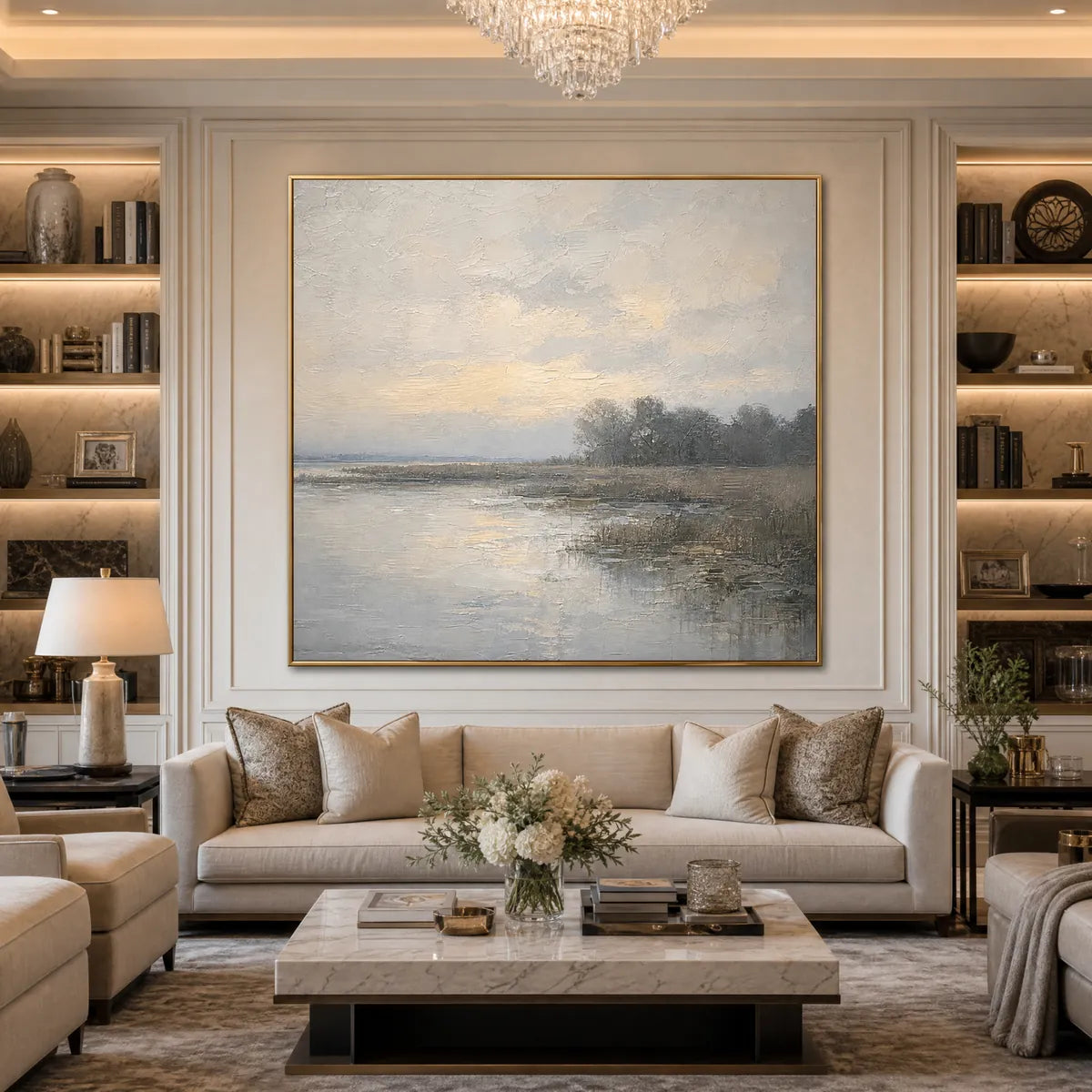 Whispering Reeds hand-painted beige and soft grey textured coastal landscape painting shown as stretched canvas