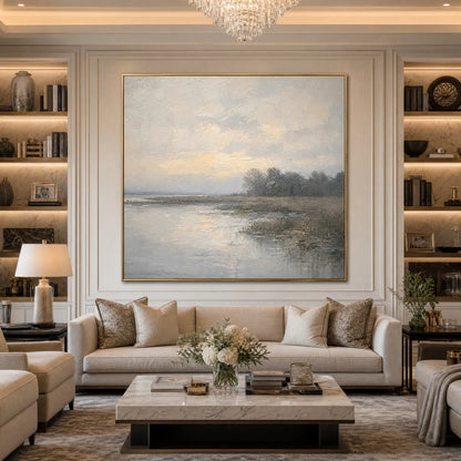Whispering Reeds hand-painted beige and soft grey textured coastal landscape painting shown as stretched canvas