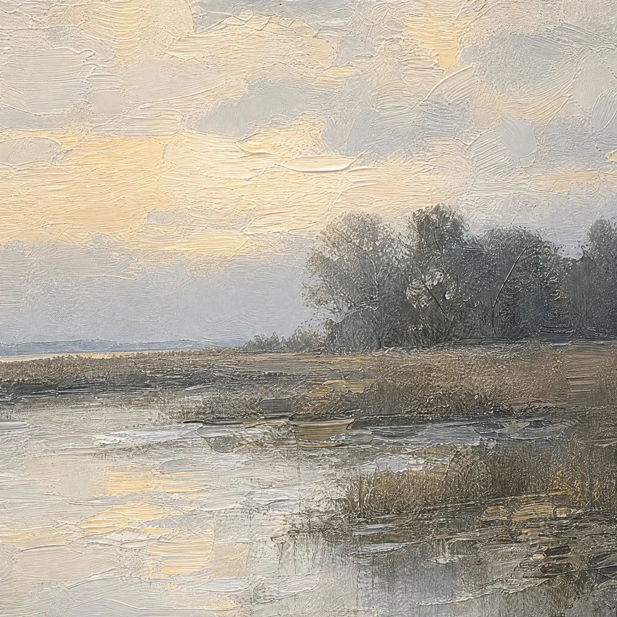 Whispering Reeds hand-painted beige and soft grey textured coastal landscape painting shown with gold frame