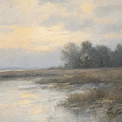Whispering Reeds hand-painted beige and soft grey textured coastal landscape painting shown with gold frame