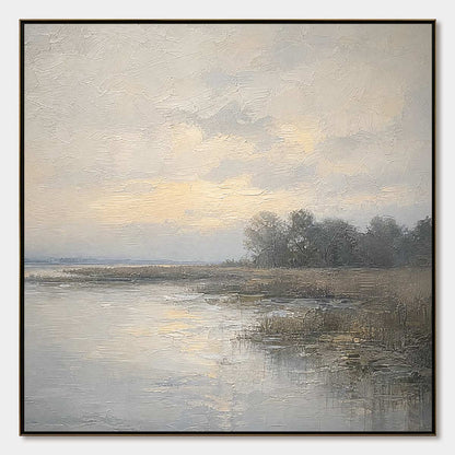 Whispering Reeds hand-painted beige and soft grey textured coastal landscape painting rolled canvas option