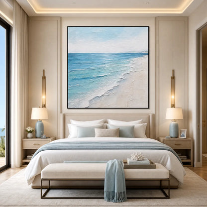 Whispering Tide hand-painted ocean blue, ivory and soft neutral tones textured beach scene painting shown as stretched canvas