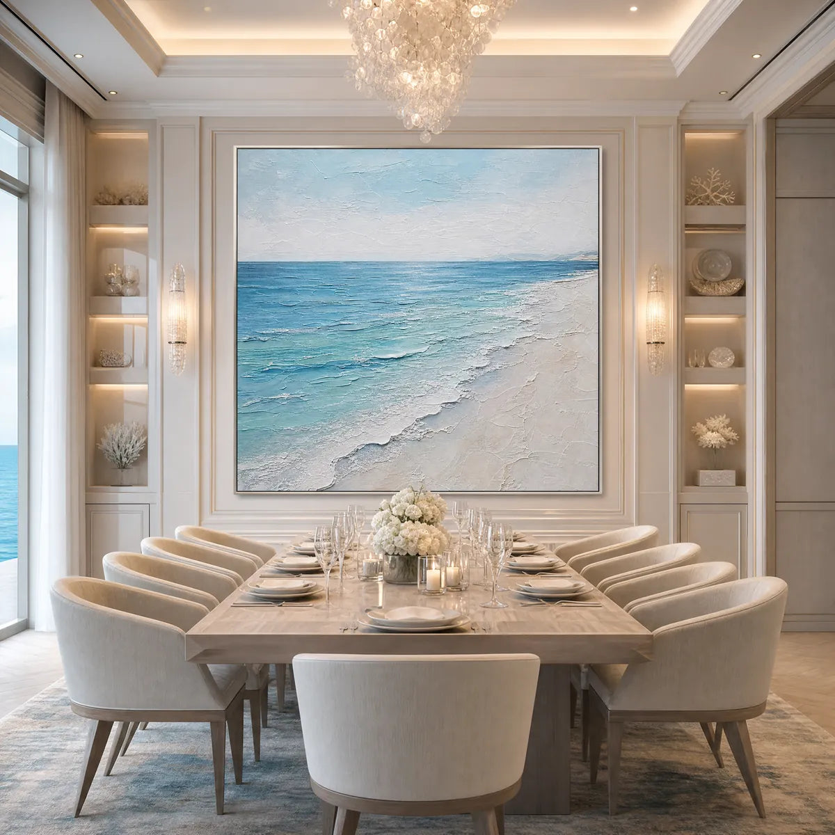 Whispering Tide hand-painted ocean blue, ivory and soft neutral tones textured beach scene painting shown with silver frame