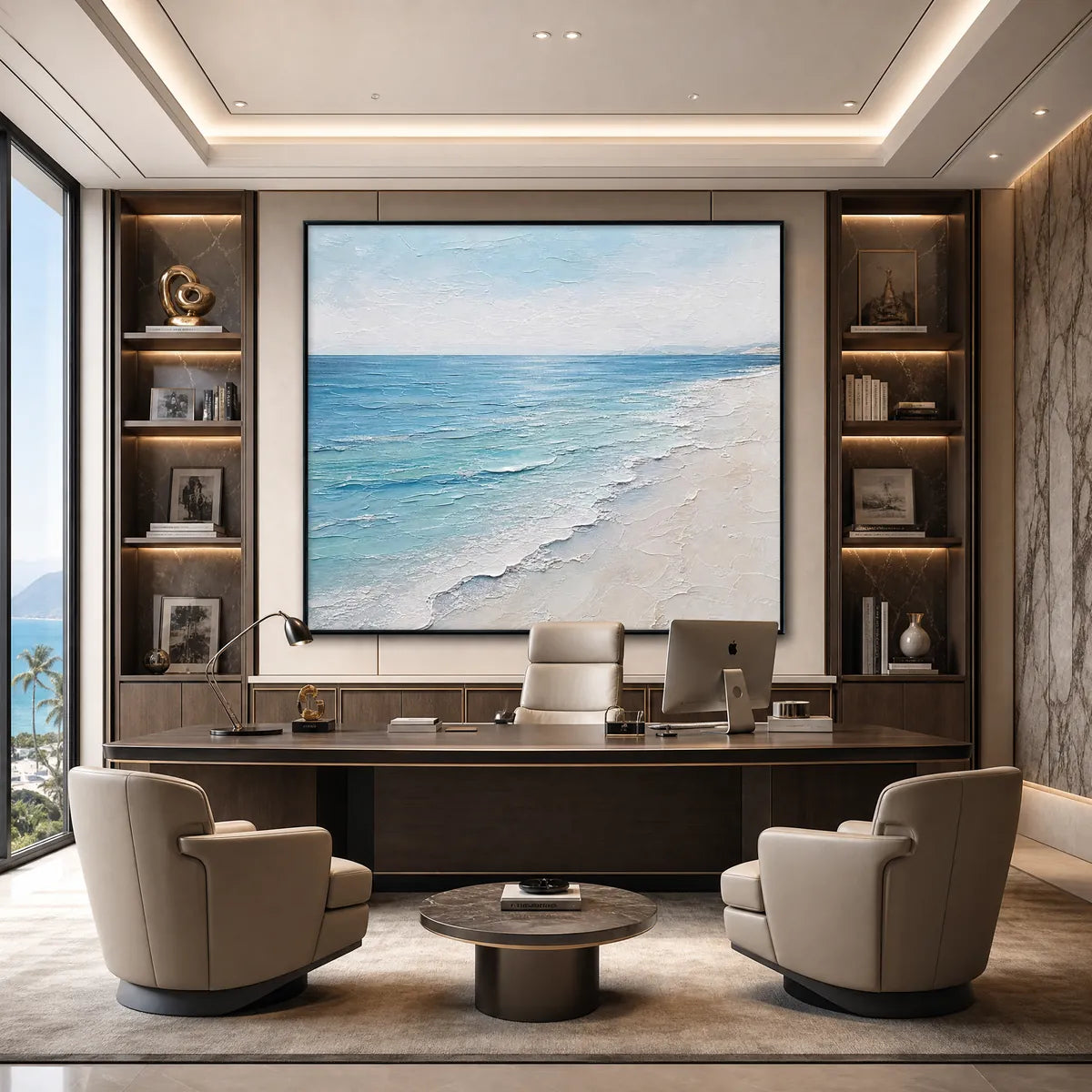 Whispering Tide hand-painted ocean blue, ivory and soft neutral tones textured beach scene painting shown with white frame