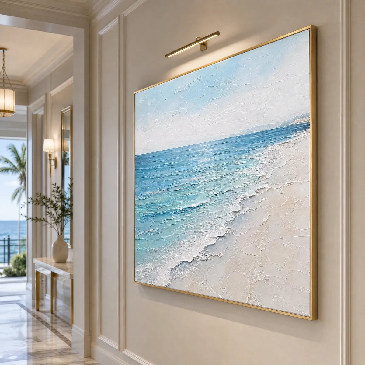 Whispering Tide hand-painted ocean blue, ivory and soft neutral tones textured beach scene painting shown with black frame