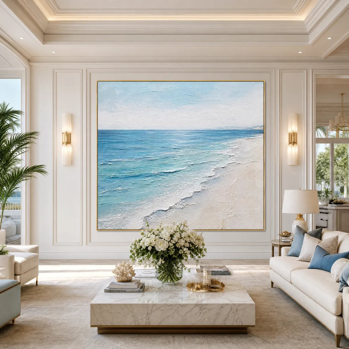 Whispering Tide hand-painted ocean blue, ivory and soft neutral tones textured beach scene painting shown with wood frame
