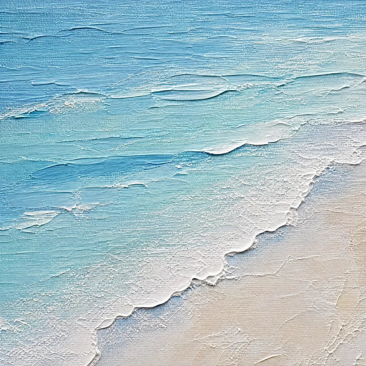 Whispering Tide hand-painted ocean blue, ivory and soft neutral tones textured beach scene painting shown with gold frame