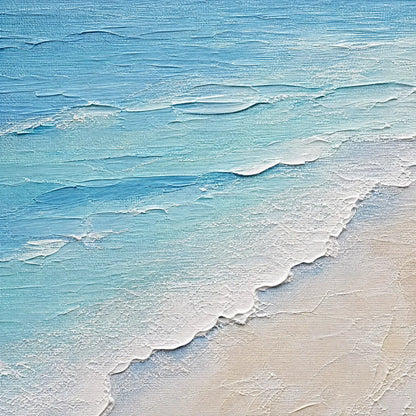 Whispering Tide hand-painted ocean blue, ivory and soft neutral tones textured beach scene painting shown with gold frame