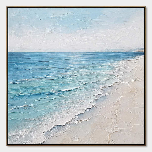 Whispering Tide hand-painted ocean blue, ivory and soft neutral tones textured beach scene painting rolled canvas option