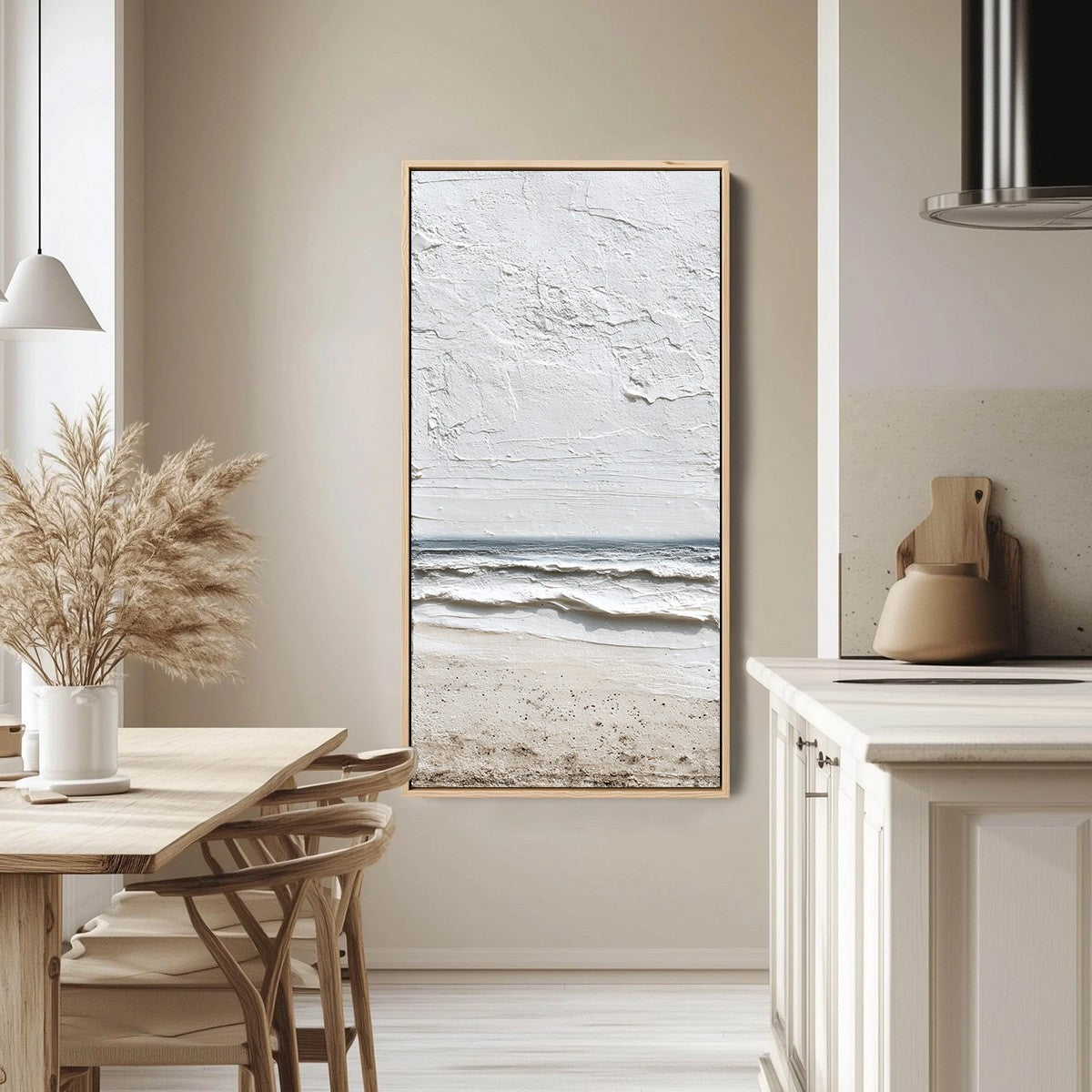 Whispering Tide hand-painted sand, soft grey and ocean blue textured beach scene painting shown with black frame
