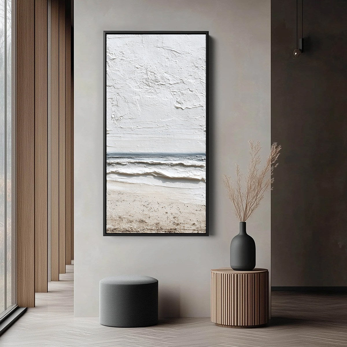 Whispering Tide hand-painted sand, soft grey and ocean blue textured beach scene painting shown with white frame