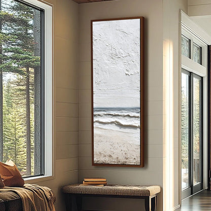 Whispering Tide hand-painted sand, soft grey and ocean blue textured beach scene painting shown with gold frame