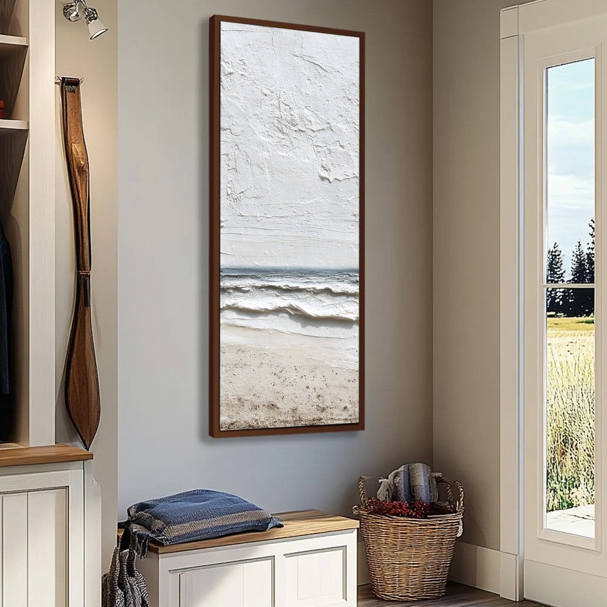 Whispering Tide hand-painted sand, soft grey and ocean blue textured beach scene painting shown with silver frame