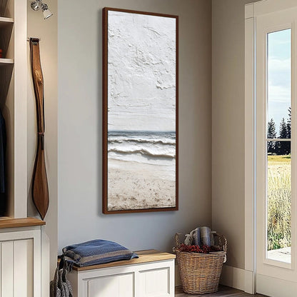 Whispering Tide hand-painted sand, soft grey and ocean blue textured beach scene painting shown with silver frame