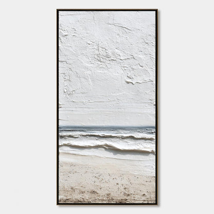 Whispering Tide hand-painted sand, soft grey and ocean blue textured beach scene painting rolled canvas option