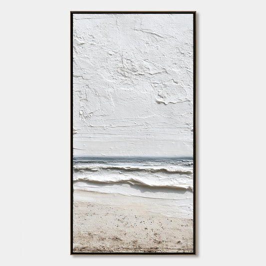 Whispering Tide hand-painted sand, soft grey and ocean blue textured beach scene painting rolled canvas option