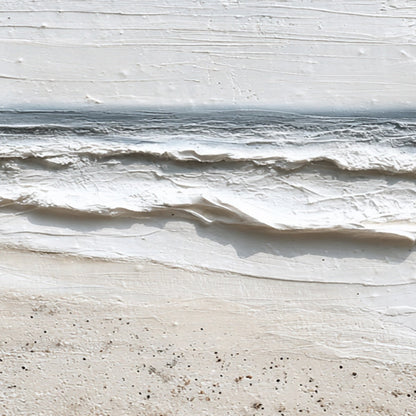 Whispering Tide hand-painted sand, soft grey and ocean blue textured beach scene painting shown with wood frame