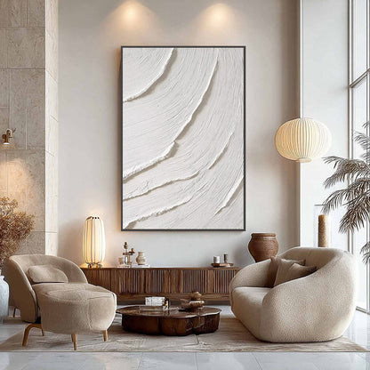 Whispering Waves hand-painted white and soft beige textured ocean wave painting shown with silver frame