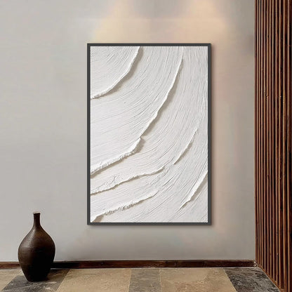 Whispering Waves hand-painted white and soft beige textured ocean wave painting shown with black frame